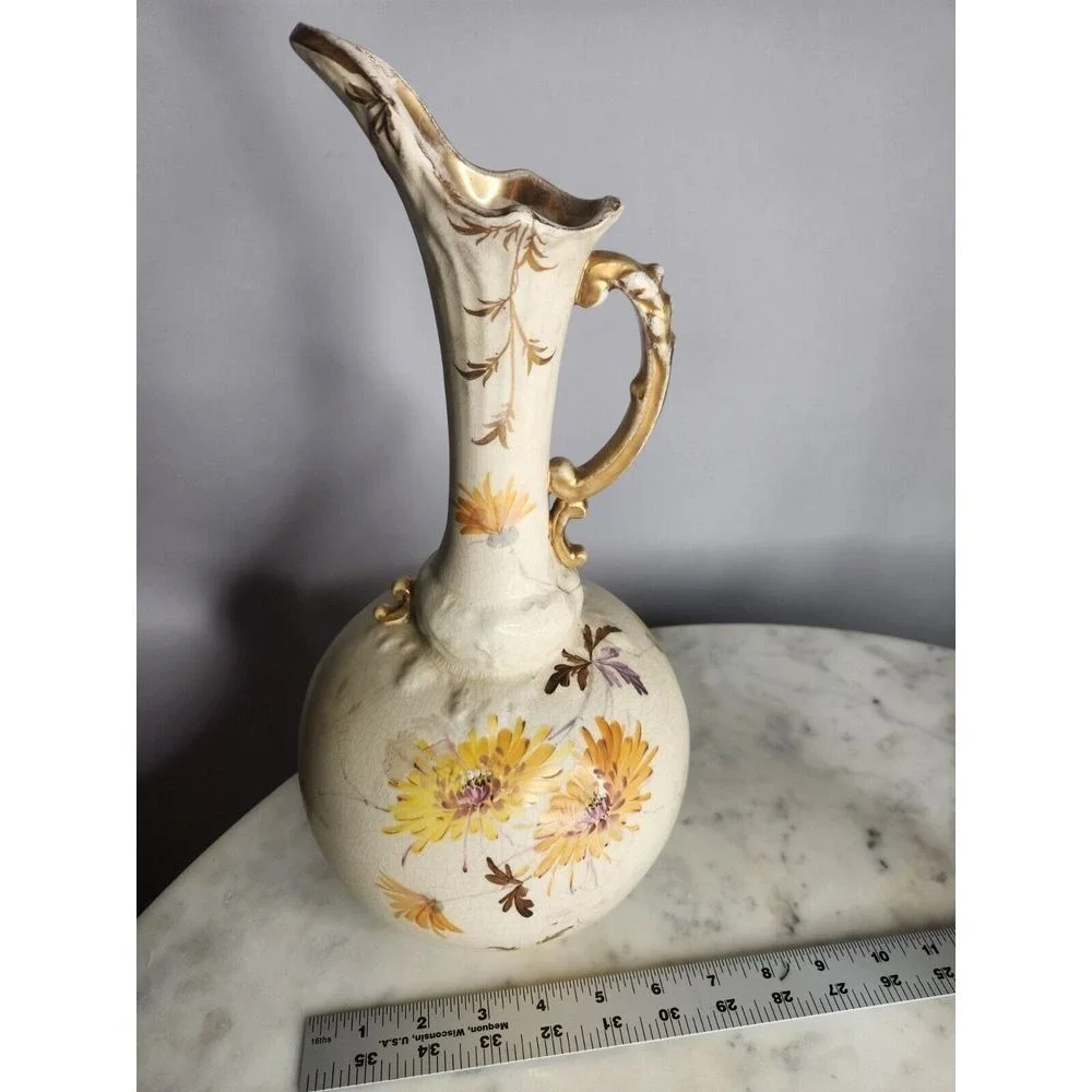 Antq Art Nouveau Ewer Gold Painted Floral Pitcher Ornate Handle Unmarked Cottage
